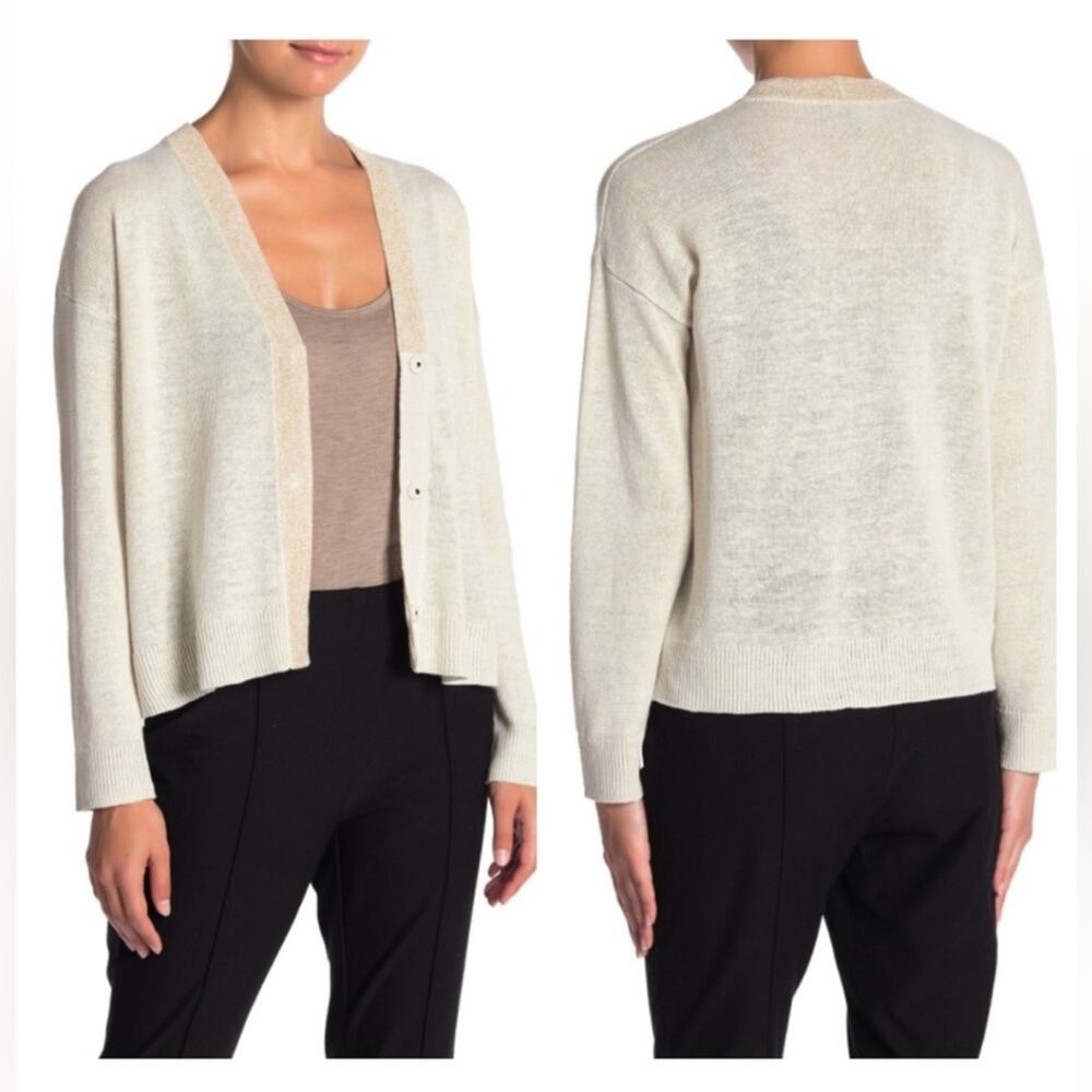 NWT Eileen Fisher Organic Linen Knit Snap Cardigan Gold Metallic Trim XL